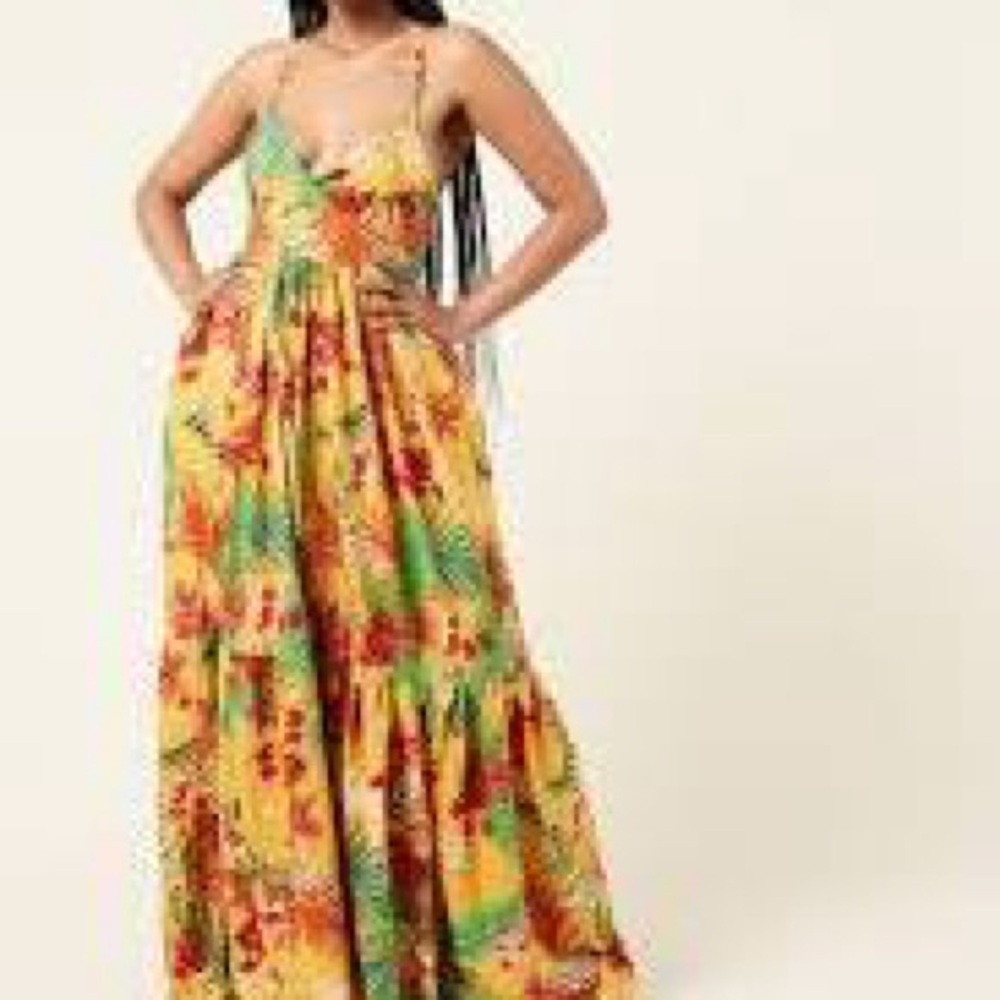 Grass Fields tiered Maxi Dress yellow floral tropical African pockets size 8 NWT